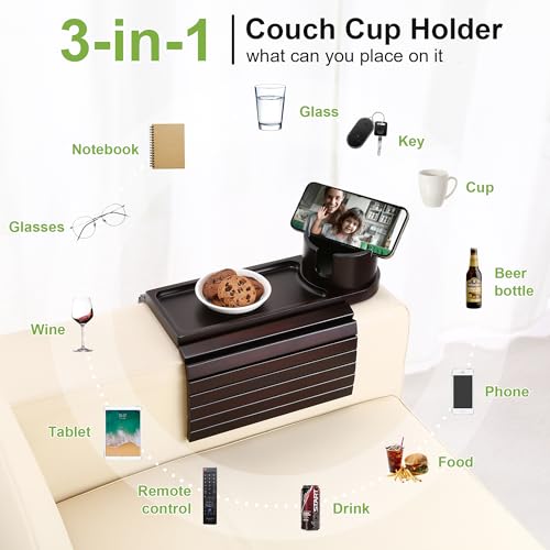 Couch Cup Holder,Bamboo Couch Arm Tray with 360° Rotating Cup Holder,Foldable Anti-Slip Sofa Arm Chair Tray for Eating Snack Drink Side Table