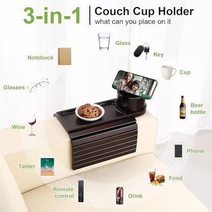 Couch Cup Holder,Bamboo Couch Arm Tray with 360° Rotating Cup Holder,Foldable Anti-Slip Sofa Arm Chair Tray for Eating Snack Drink Side Table