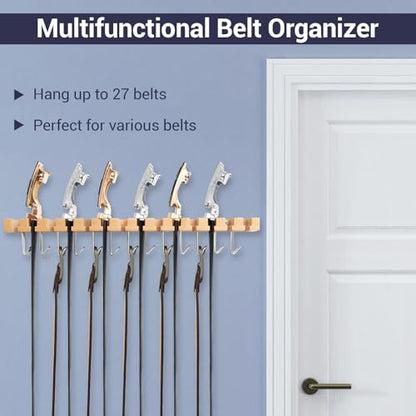 Belt Hanger Organizer for Closet: Ohuhu 2 in 1 Wall Mount Hanger 14 Slots+13 Hooks Storage Wooden Belt Organization 360 Degree Rotating Belt Display Holder for Belt Tie Scarf Accessories