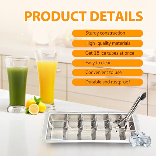 Stainless Steel Ice Cube Tray with 18 Slots, Metal Ice Cube Maker with Removable Trays, Easy Release Handle & Level, Dishwasher Safe for Bars, Kitchens & Frozen Foods
