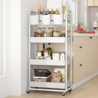4-Tier Plastic Rolling Storage Cart Utility Cart White | Utility Cart with Extra Hanging Cups Arc-Shaped Handles Lockable Wheels for Living Room Bathroom Kitchen Office