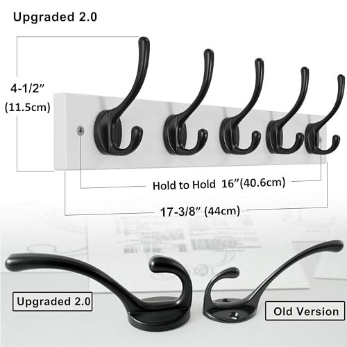 Wall Mounted Coat Rack: 16" Hole to Hole, Coat Hook Hanger with 5 Metal Hooks for Hanging Coats Towels Hats Clothes, White & Black