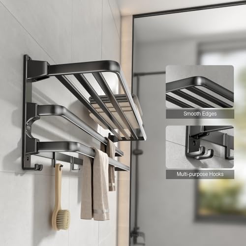 24-Inch Towel Rack,Bathroom Towel Shelf with 2 Towel Bar Foldable Towel Holder with 7 Hooks Towel Storage Organizer for Bathroom & Lavatory Wall Mounted (Matte Black)