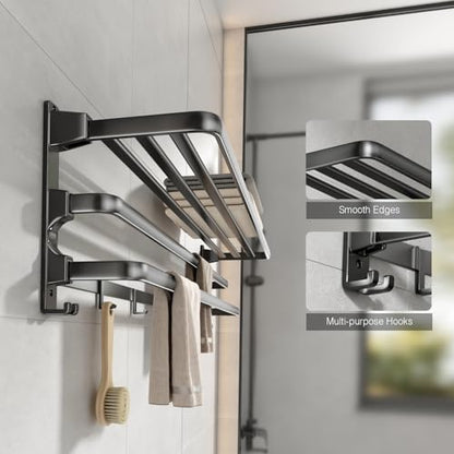 24-Inch Towel Rack,Bathroom Towel Shelf with 2 Towel Bar Foldable Towel Holder with 7 Hooks Towel Storage Organizer for Bathroom & Lavatory Wall Mounted (Matte Black)