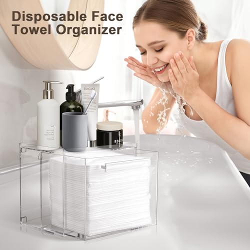 Acrylic Disposable Facial Towels Holder, Wall-Mounted, Clear | Premium Thicken Acrylic | Compatible with Clean Skin Club Towel XL | Skin Care Organizer with Drawer | Bathroom Vanity