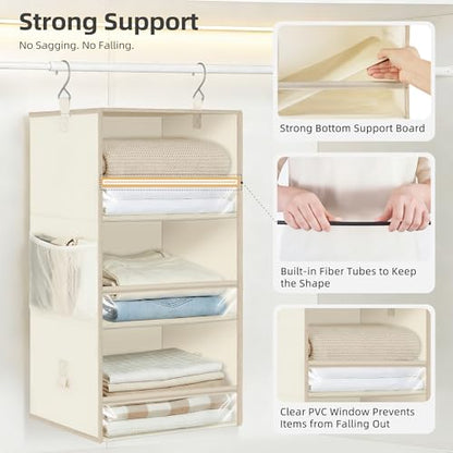 STORAGE MANIAC 6-Shelf Hanging Closet Organizer and Storage, 2 Separable 3-Shelf Haning Organizers for Closet, Collapsible Hanging Shelves Wardrobe Organization, College Dorm Room, Nursery, Beige