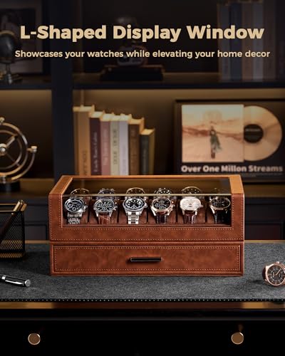 ProCase Watch Box for Men, 12 Slots Watch Display Holder -Brown | Clear Acrylic Top, Large Capacity PU Leather Case with Drawer Organizer, Jewelry Storage, Ideal Gift for Men Women