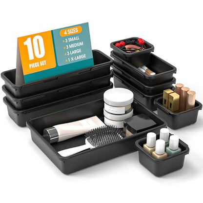 StoreHappily 10 PCS Drawer Organizer Set, 4 Size Makeup Drawer Divider Organizer With Non-Slip Pads, Interlocking Plastic Storage Bins for Office,Jewelry Vanity,Gadgets, Bathroom,Kitchen, Black