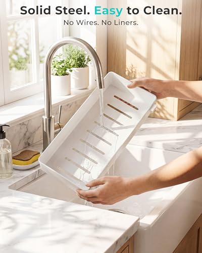 EVERIE Height Adjustable 2 Tier Metal Pull Out Slide Shelf Organizer for Framed or Frameless Under Sink Cabinets in Kitchen, Bathroom, with Snap-on Top Tray (White, 2 Sets)
