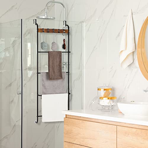 Over the Door Towel Rack Over The Door Towel Bar for Bathroom | Back of Door Towel Rack, 5 Tier Over The Door Towel Bar with Hooks, Black Door Rack Hanger, Stable Suction Cup Design
