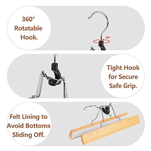 12 Pack Natural Wooden Pants Hangers with Clips Non Slip Skirt Hangers Trouser Clamp Hanger Solid Wood Hanger with 360° Swivel Hook