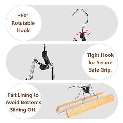 12 Pack Natural Wooden Pants Hangers with Clips Non Slip Skirt Hangers Trouser Clamp Hanger Solid Wood Hanger with 360° Swivel Hook