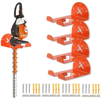 Upgraded Trimmer Rack Wall Mount - 8" Heavy Duty Weed Eater Hanger for Garage Wall, Garden Power Tool Holder Organizer Hooks for Grass Trimmer, Hedge Trimmer, Leaf Blower and Chainsaw, Orange, 4 Pack