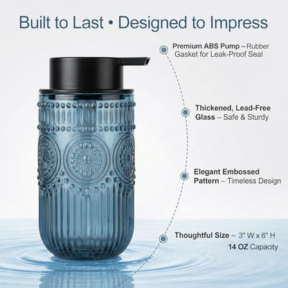 Blue Glass Foaming Soap Dispenser, 14 OZ Vintage Embossed Foam Hand Soap Dispenser, Refillable Foam Dispenser with Black Pump for Bathroom, Kitchen Decor, Large Capacity