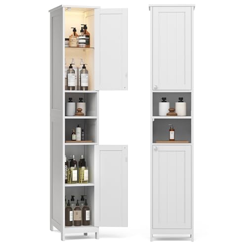Tall Storage Cabinet with Lights, Slim Freestandin... (Cloud White | Engineered Wood)