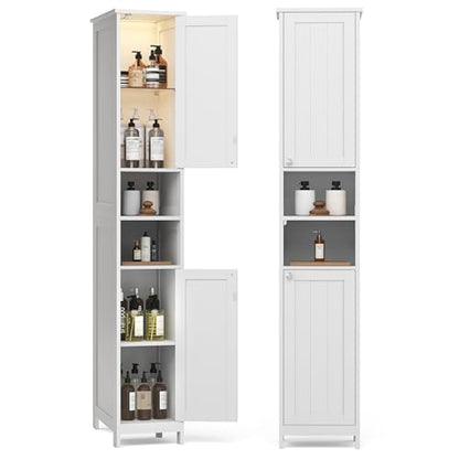 Tall Storage Cabinet with Lights, Slim Freestandin... (Cloud White | Engineered Wood)
