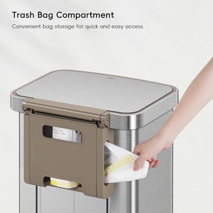 EKO Hudson Matte Stainless 75 Liter/20 Gallon Step Trash Can with Rear Trash Bag Storage Compartment