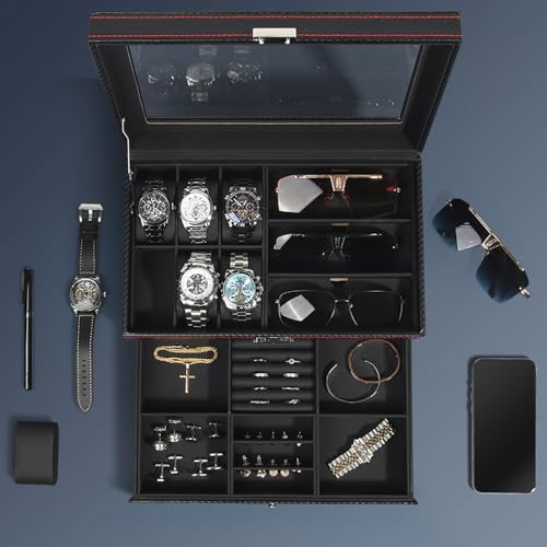 Jewelry Box for Men, 6 Slot Watch Box Jewelry Organizer With Drawer, Watch Case for Men with Large Window, 2-Layer Watch Holder, Sunglasses Storage Organizer, Velvet Lining, Fathers Day Gift