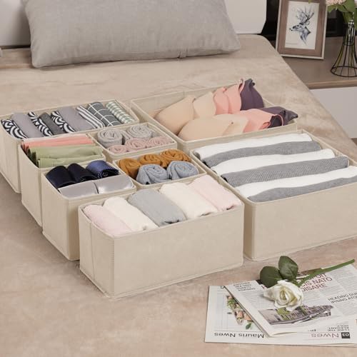 Drawer Organizer Clothes,16 Pack Underwear Drawer Organizers, Foldable Closet Organizers and Storage Dresser Drawer Dividers Clothing Organizer for Clothes, Socks, Scarves, Bra, Ties (Beige)