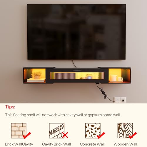 HOOBRO Floating TV Stand with LED Light Power Outlet for TVs up to 65”, Wall Mounted TV Shelf, Modern Media Console Entertainment Center Under TV, for Living Room Bedroom, Black BK34UDDS01G1