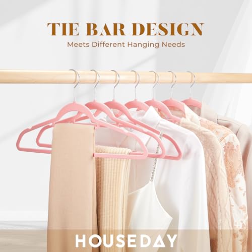 HOUSE DAY Premium Velvet Hangers 20 Pack, Non-Slip Hangers with Tie Bar | Elegance Pink Standard Clothes Hanger Slim Felt Hanger with 360° Swivel Hook for Closet Organized Storage，72g/Pc