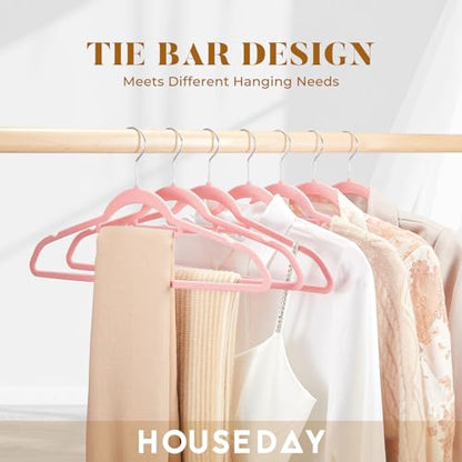 HOUSE DAY Premium Velvet Hangers 20 Pack, Non-Slip Hangers with Tie Bar | Elegance Pink Standard Clothes Hanger Slim Felt Hanger with 360° Swivel Hook for Closet Organized Storage，72g/Pc