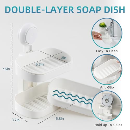 TAILI Soap Holder, Soap Dish for Shower Suction Cup, Bar Soap Holder, White | 2 Layer Removable Soap Holder Shower, Soap Tray for Shower Wall, Drill Free Sponge Holder, Bathroom & Kitchen, No drill