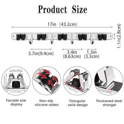 AceMining Broom Holder Wall Mount, 5 Racks 4 Hooks Heavy Duty Mop Organizer | Mop Holder Wall Mount and Broom Hanger for Garage, Laundry Room, Kitchen and Utility Storage