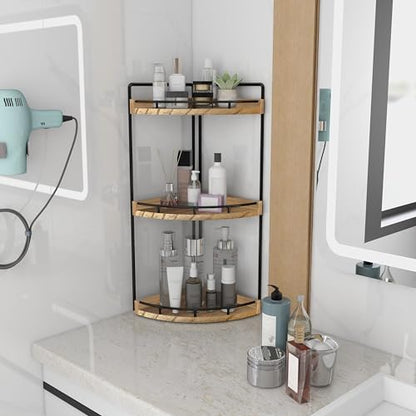 Dorhors Corner Bathroom Organizer Countertop,Vanity Counter Storage Shelf | 3 Tier Rustic Brown Stand Rack Holder for Kitchen,Dresser,Restroom,Wood Bathroom Sink Tray for Makeup,Perfume,Skincare,Lotion
