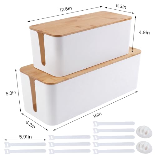 2 Pack Cable Management Box - Cord Organizer Box with Wooden Lid for TV Wires, Power Strips, Router, USB Hub & Under Desk Power: Baby & Pet Proof Cord Management, Cord Hider for Home & Office (White)