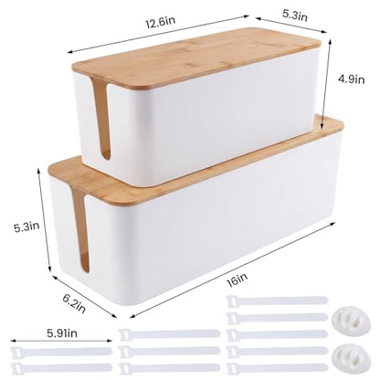 2 Pack Cable Management Box - Cord Organizer Box with Wooden Lid for TV Wires, Power Strips, Router, USB Hub & Under Desk Power: Baby & Pet Proof Cord Management, Cord Hider for Home & Office (White)