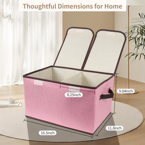 Foldable Fabric Storage Box, 16.5 x 11.8 x 9.8 inches (L x W x H), with Double-Lid & Dividers, Large Organizer for Home, Closet, Office(Pink)