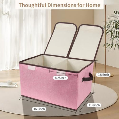 Foldable Fabric Storage Box, 16.5 x 11.8 x 9.8 inches (L x W x H), with Double-Lid & Dividers, Large Organizer for Home, Closet, Office(Pink)