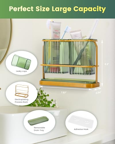 Green Toothbrush Holders for Bathrooms, 2 Cups Toothbrush Holders Wall Mounted, Dry & Wet Separation, Bathroom Organizers and Storage, Bathroom Toothbrush Holder Set for Family Kids