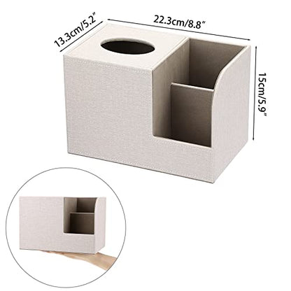 Sumnacon Square Linen Tissue Box Cover - Decorative Cube Tissue Box Holder with Side Organizer, Modern Tissue Box for Living Room Vanity Night Stand Table Countertop Office, Beige