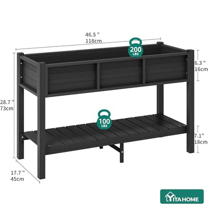 YITAHOME 48x18x30in Raised Garden Bed HDPE, Weather-Resistant Poly Lumber Planter Box with Legs & Storage Shelf, Elevated Garden Bed for Yard, Garden, Balcony - Black