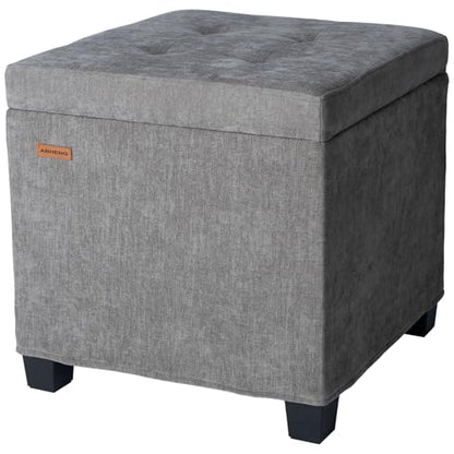 Chenille Cover Steel Frame Ottoman with 48L Storage,17.7" x 17.7" x 17.7" Square Linen Storage Ottoman Stool Cube with Legs,for Dorm Livingroom Gray UASND641G
