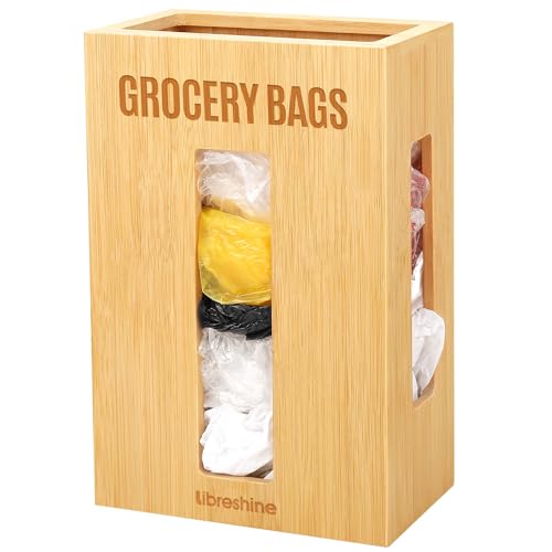 Extra Large Bamboo Grocery Bag Holder for Plastic Bags | Open-top plastic bag holder with front and side access for countertop, cabinet, or wall-mounted storage. 8 x 5 x 13 in.