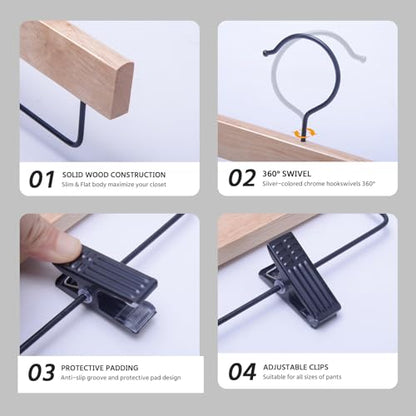 Nature Smile Deluxe Wooden Pants Hangers,Solid Rubber Wood Jeans Skirt Hanger with Black Adjustable Clips and Rotatable Hook Pack of 10(Natural Varnished)
