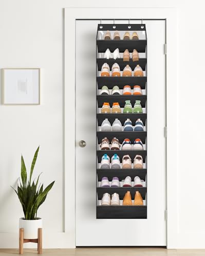 10 Tier Clear Over the Door Shoe Organizer Storage, Deep Pockets Large Hanging Shoe Rack for Closet Door, Fit 20 Pairs Shoe Holder Hanger for Sneakers, Boots (Black)