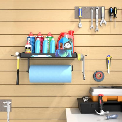 SUNTECH Garage Paper Towel Holder with Shelf, Wall-Mount (Black) | Fits 12 in Rolls, One-Hand Tear Design, Sturdy Iron, Holds Phones/Tablets, Includes 2 Detachable Hooks, for Garage, Tool Room