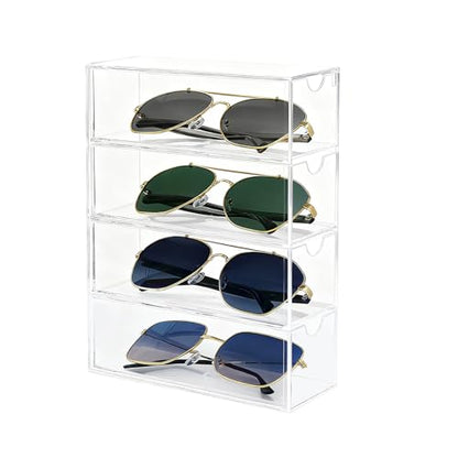 Acrylic Sunglasses Organizer with 4 Drawers | Clear Eyeglass Holder, Eyewear Display Case, Stackable Sunglass Storage Case For Women and Men Glasses Jewelry Watch Storage