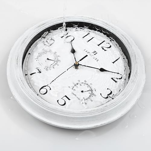 Lafocuse 12 Inch White Outdoor Wall Clocks with Temperature and Humidity | Waterproof Outdoor Clocks with Thermometer and Hygrometer Combo for Patio Porch Pool Outside Indoor Garage Bathroom Kitchen