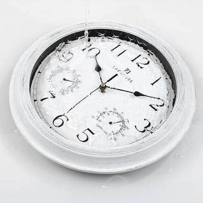 Lafocuse 12 Inch White Outdoor Wall Clocks with Temperature and Humidity | Waterproof Outdoor Clocks with Thermometer and Hygrometer Combo for Patio Porch Pool Outside Indoor Garage Bathroom Kitchen