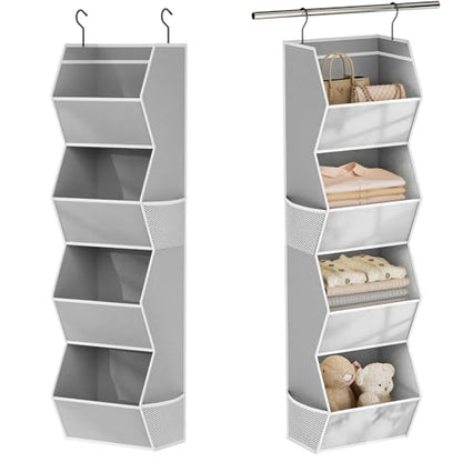 Hanging Closet Organizer 4 Shelf Collapsible Bedroom Closet Organizers and Storage Hanging with Mesh Pockets for Clothes, Fabric Hanging Storage Bins for Wardrobe Closet Organization and Storage, Grey
