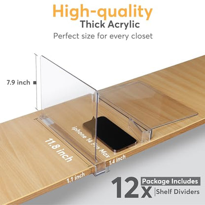 12 Pack Acrylic Shelf Dividers for Closet 11x7.9 Inch – Acrylic Dividers for Shelves Clear Closet Shelf Separators for Purses, Clothes Storage – Vertical Bookshelf Dividers for Bedroom & Kitchen