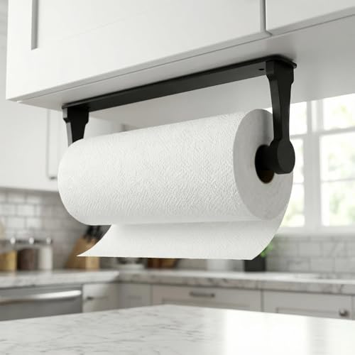 Paper Towel Holder - Self-Adhesive or Drilling, Black, Wall Mounted, Kitchen Roll Dispenser Under Cabinet or Inside Cabinet