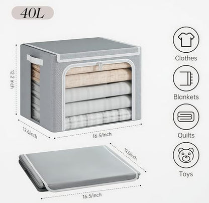 Yecaye Clothes Storage Bins with Metal Frame, Foldable Organizer Box, 40L | Stackable Zippered, With Lid, Clear Window＆ PU Leather Handles