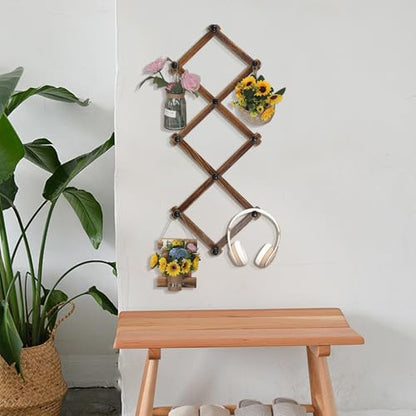 WGFKVAS 2 Pack Accordion Hat Rack for Wall | Expandable Coat Rack & Wall Mounted Hat Holder - Wooden Wall Hanger with 10 Peg Hooks for Coats, Baseball Caps, Keys & Mugs