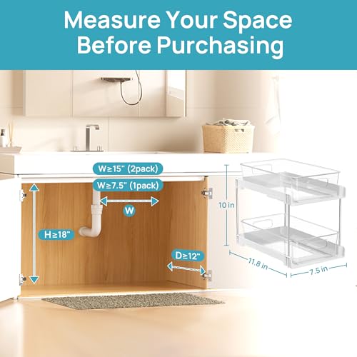 Vtopmart 4 Pack Pull Out Bathroom Under Sink Organizer (S-Standard, White) | Slide-out drawers, Multi-purpose storage, Clear visibility, Easy Set-up